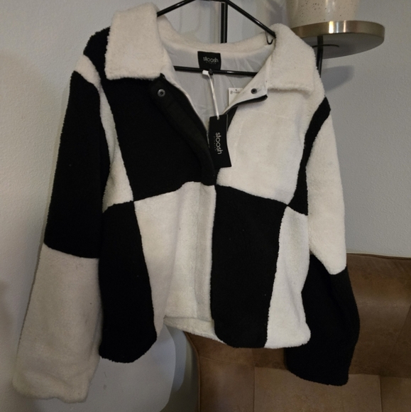 Stoosh Black and White Teddy Jacket Cozy Asymmetrical Design - Picture 1 of 2